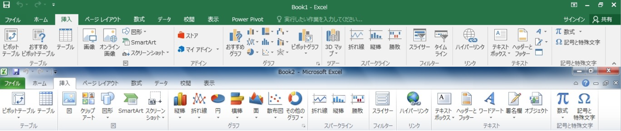 Excel2016とExcel2010の挿入タブ